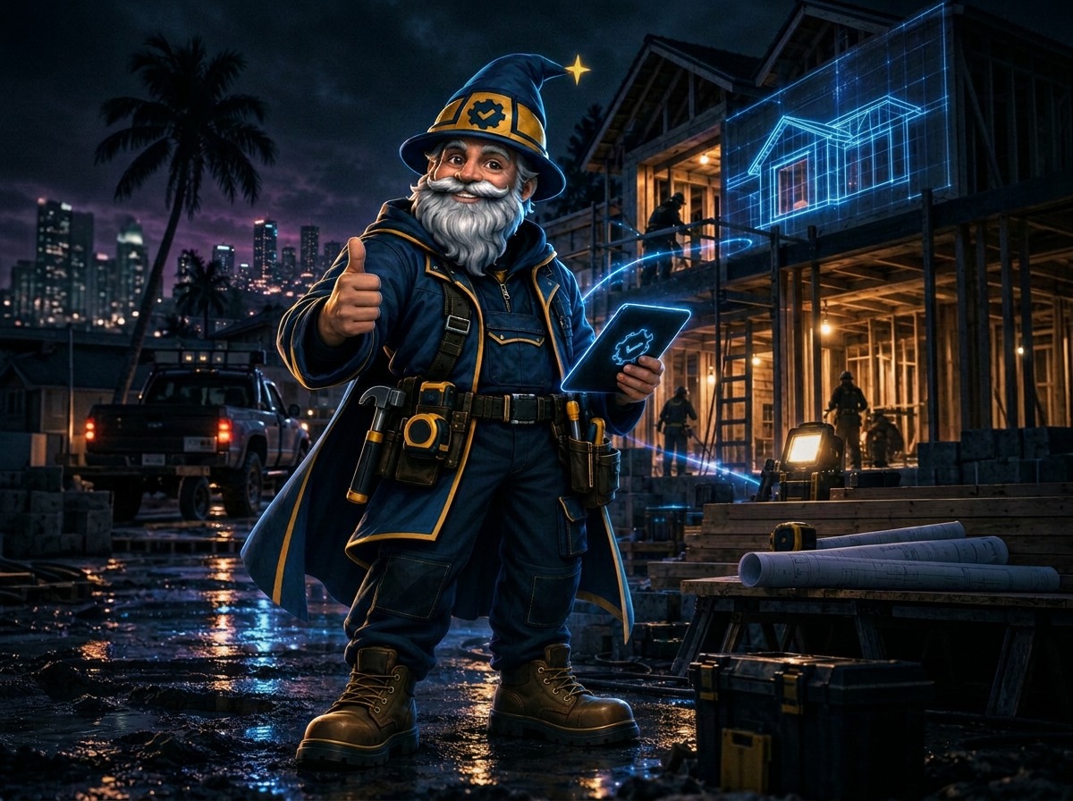 Merlin the wizard on a nighttime jobsite, holding a glowing quest checklist among enchanted tools